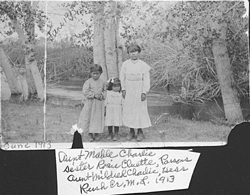 Jessie Durant's sister and two aunts along Rush Creek, 1913.